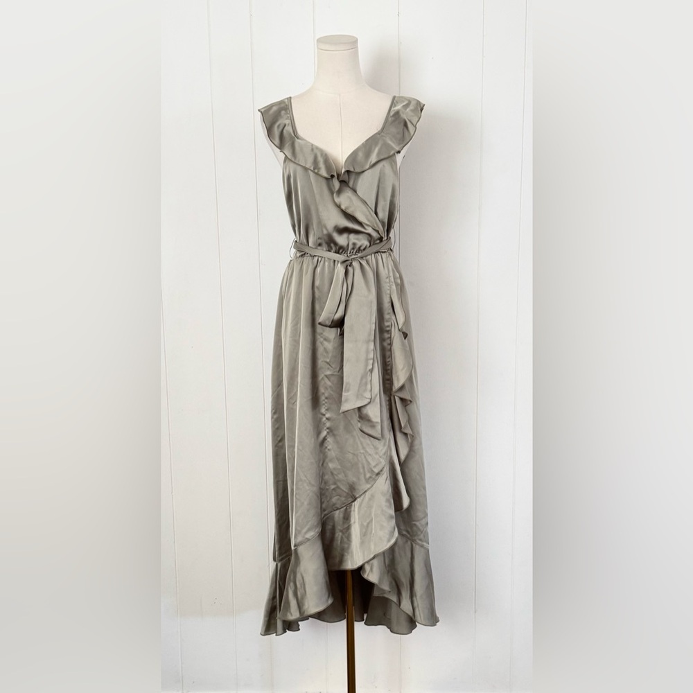 Show Me Your Mumu Samantha Ruffle Wrap Dress Moss Green Luxe Satin Large - Picture 4 of 9